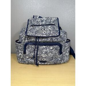 Sakroots Fleetwood Flap Canvas Backpack Blue Print On Cream